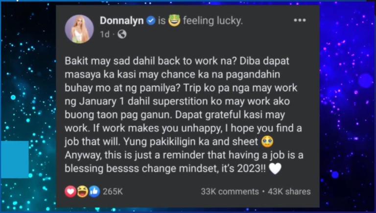 Netizens reacts to Donnalyn Bartolome‘s “Be Happy to Go Back to Work” post